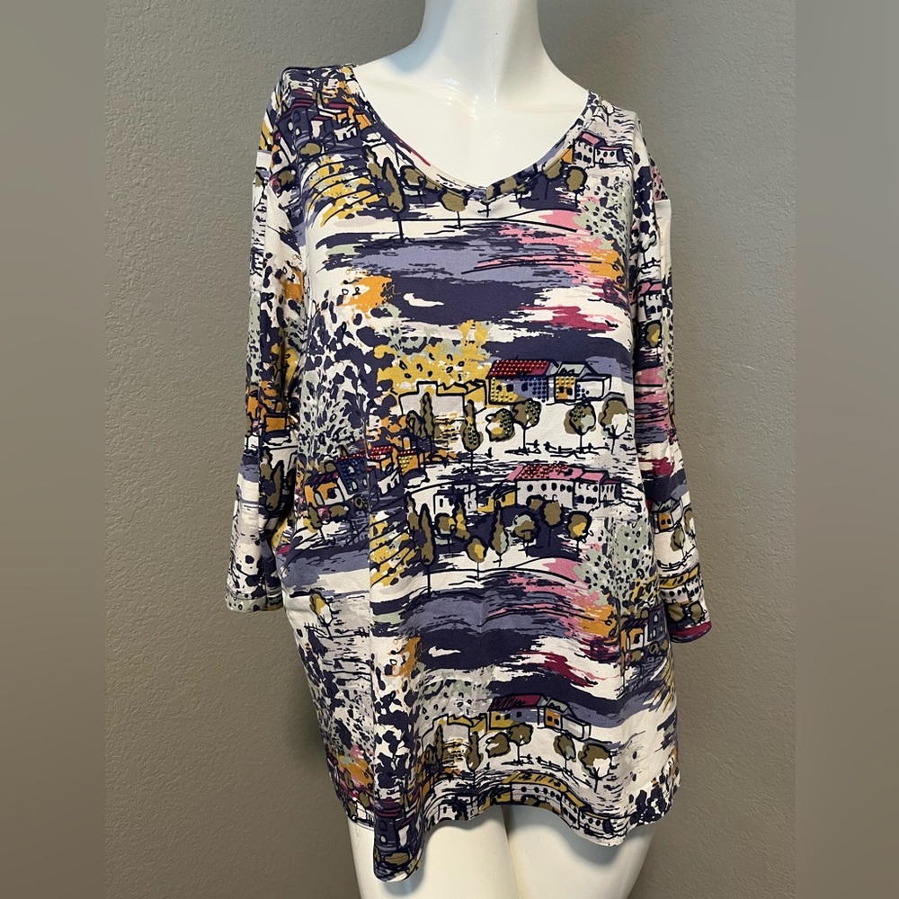 CJ Banks Plus Women’s Abstract Village Print 3/4 Sleeve Multicolor Top  Size 2X